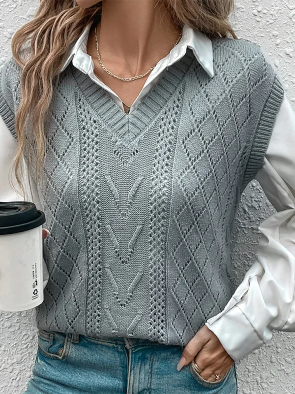 Women Academic Look Argyle Knit Vest Layering Piece