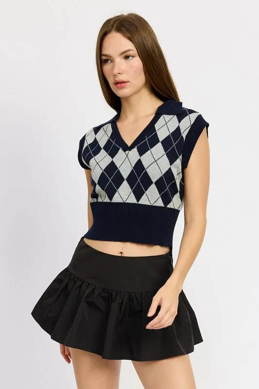 Women's Navy Argyle Cropped Vest