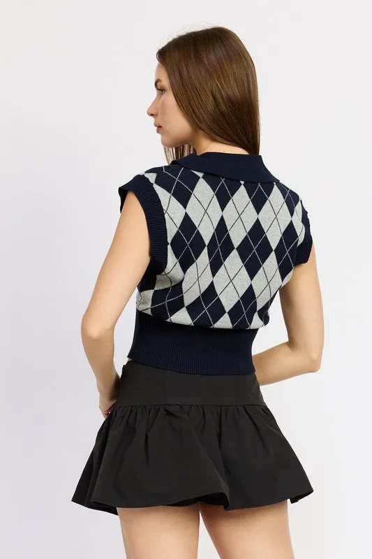 Women's Navy Argyle Cropped Vest