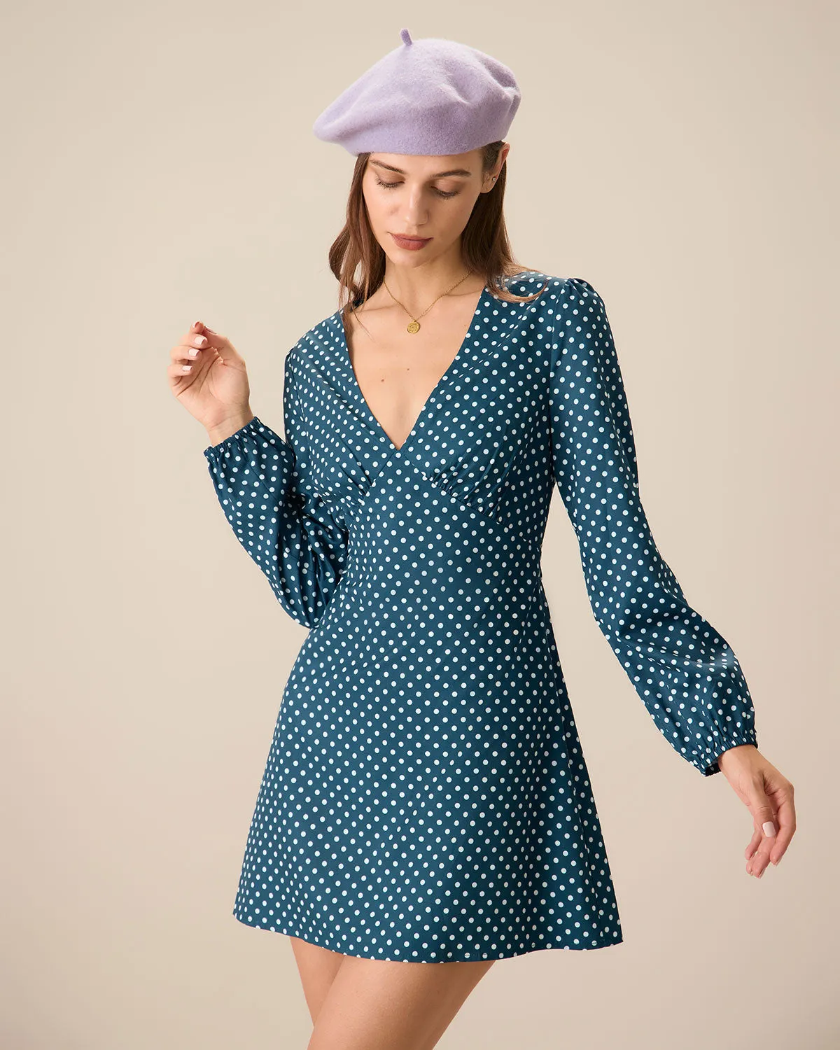 Women's Navy V-neck Polka Dot Mini Dress