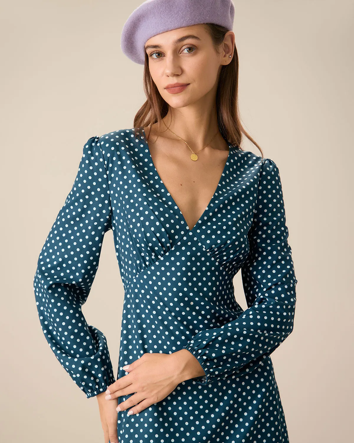 Women's Navy V-neck Polka Dot Mini Dress