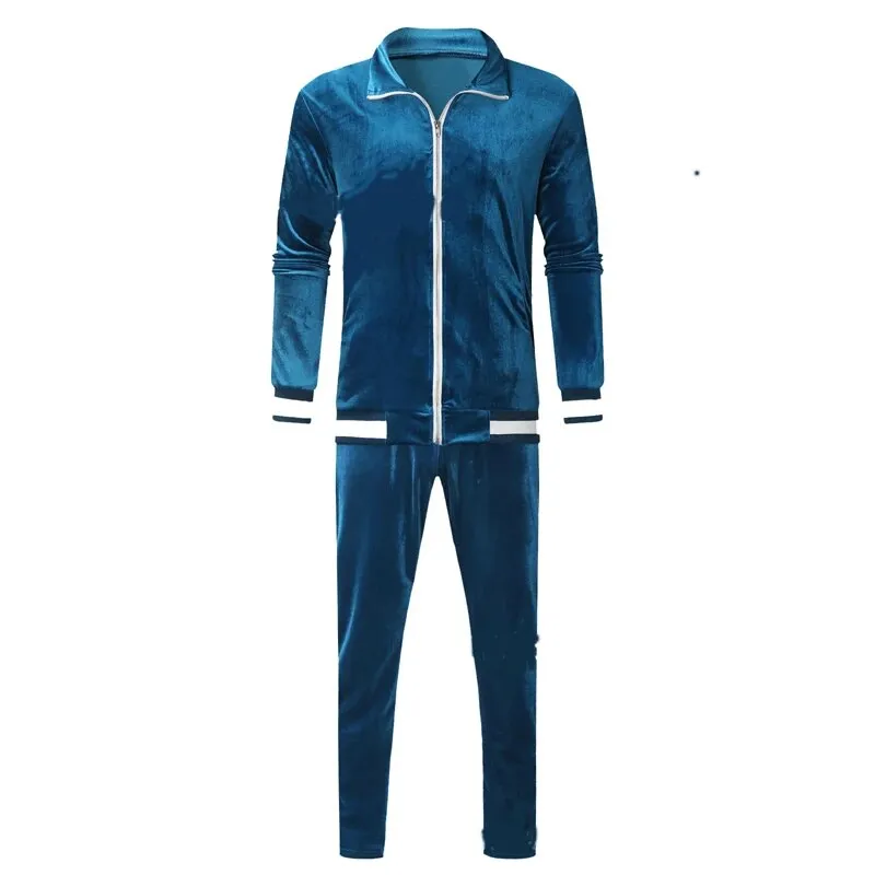 xiangtuibao Newest Men Velvet Tracksuits Splicing Sports Suit Male 2-Piece Set Hoodies  Pants Blue Sweatshirt Spring Autumn Sportswear